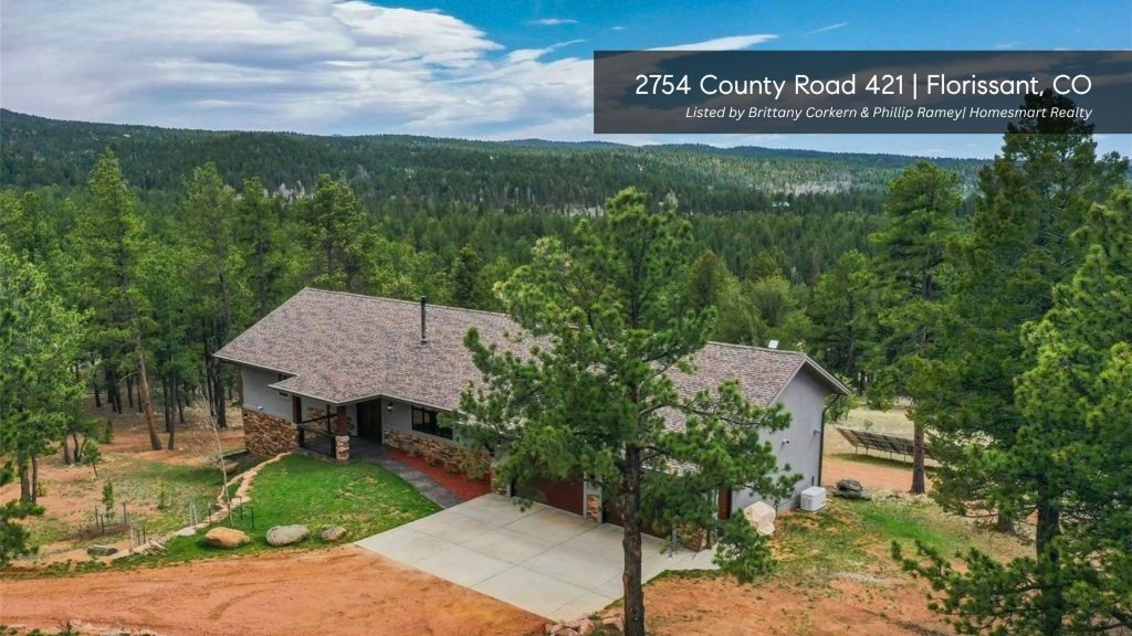 Custom home at 2754 County Road 421 in Florissant, Colorado, surrounded by pine forest on more than 38 acres.